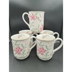 Set Of 5 Vintage Otagiri Coffee Tea Cups Mug Prima Floral Design Gold Trim 10oz